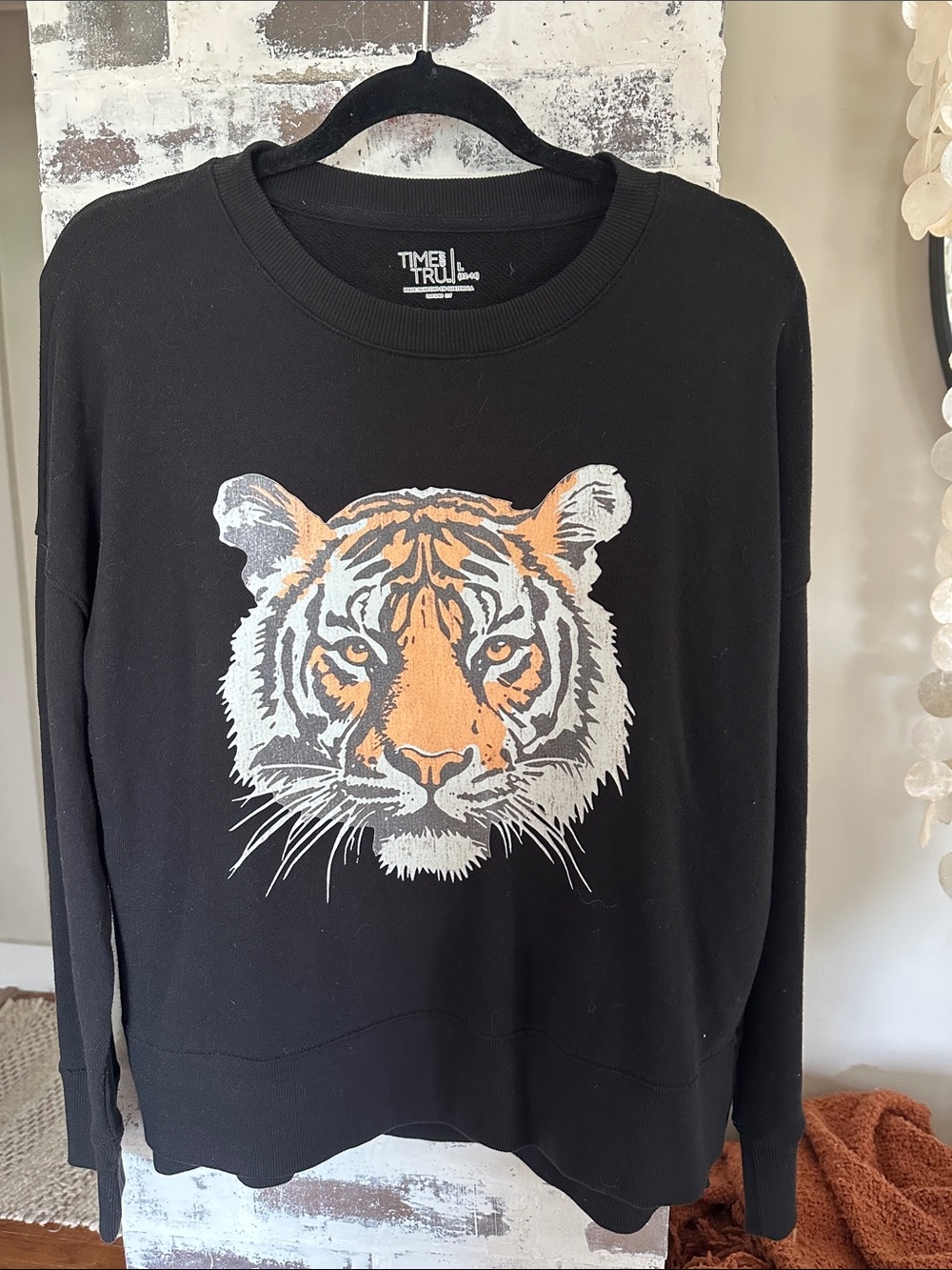 Black Crewneck Sweater / sweatshirt Orange Gray Tiger Graphic